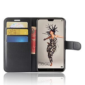 Θήκη HUAWEI P20 OEM Litchi Texture με βάση στήριξης, υποδοχές καρτών και μαγνητικό κούμπωμα Flip Wallet δερματίνη μαύρο - Image 4