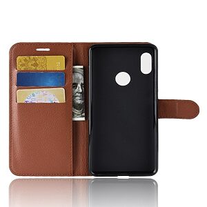 Θήκη XIAOMI Redmi Note 5 OEM Litchi Skin Leather με βάση στήριξης, υποδοχές καρτών και μαγνητικό κούμπωμα Flip Wallet δερματίνη καφέ - Image 3