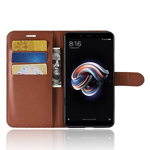Θήκη XIAOMI Redmi Note 5 OEM Litchi Skin Leather με βάση στήριξης, υποδοχές καρτών και μαγνητικό κούμπωμα Flip Wallet δερματίνη καφέ - Image 4