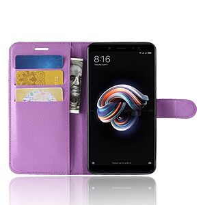 Θήκη XIAOMI Redmi Note 5 OEM Litchi Skin Leather με βάση στήριξης, υποδοχές καρτών και μαγνητικό κούμπωμα Flip Wallet δερματίνη μωβ - Image 4