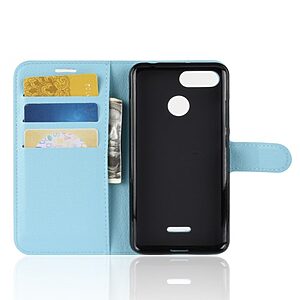 Θήκη XIAOMI Redmi 6 OEM Litchi Texture Leather με βάση στήριξης, υποδοχές καρτών και μαγνητικό κούμπωμα Flip Wallet δερματίνη γαλάζιο - Image 3