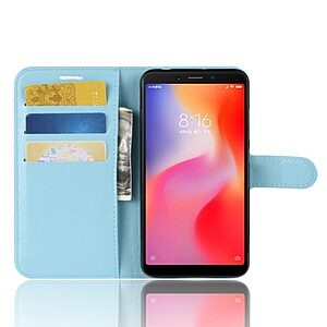 Θήκη XIAOMI Redmi 6 OEM Litchi Texture Leather με βάση στήριξης, υποδοχές καρτών και μαγνητικό κούμπωμα Flip Wallet δερματίνη γαλάζιο - Image 4