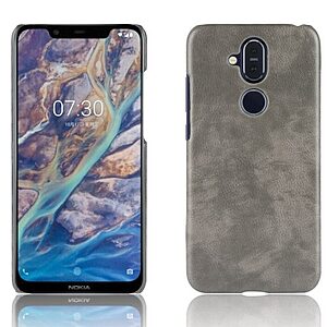 Θήκη Nokia 8.1 OEM Litchi Skin Leather Plastic Series Πλάτη από σκληρό πλαστικό γκρι