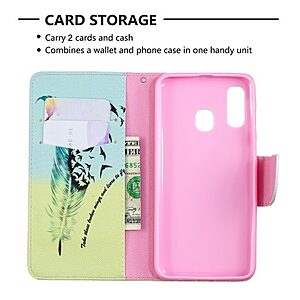 Θήκη Samsung Galaxy A40 OEM σχέδιο Feather & birds με βάση στήριξης, υποδοχές καρτών και μαγνητικό κούμπωμα Flip Wallet δερματίνη - Image 3