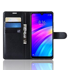 Θήκη Xiaomi Redmi 7 OEM Litchi Texture Leather με βάση στήριξης, υποδοχές καρτών και μαγνητικό κούμπωμα Flip Wallet δερματίνη μαύρο - Image 5
