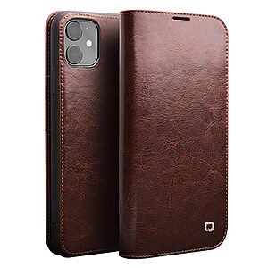 Θήκη iPhone 11 QIALINO Genuine Cowhide Leather Flip Wallet δερμάτινη καφέ