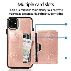 Θήκη iPhone 11 OEM από συνθετικό δέρμα με βάση στήριξης και υποδοχές καρτών / χρημάτων Πλάτη ροζ - Image 3