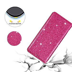 Θήκη Samsung Galaxy A41 OEM Skin Glitter Series με βάση στήριξης, υποδοχή καρτών και μαγνητικό κούμπωμα Flip Wallet από συνθετικό δέρμα και TPU φούξια - Image 5
