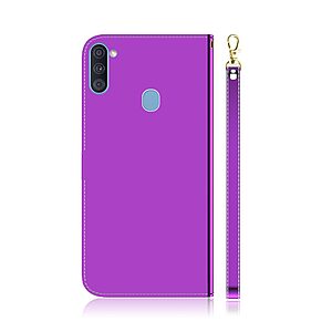 Θήκη Samsung Galaxy M11 OEM Mirror Surface γυαλιστερή με βάση στήριξης, υποδοχές καρτών και μαγνητικό κούμπωμα Flip Wallet από συνθετικό δέρμα και TPU μωβ - Image 3