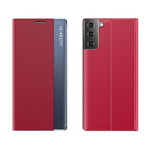 Θήκη Samsung Galaxy S21 Plus OEM Half Mirror Active Smart View Stand Cover με μαγνητικό κούμπωμα από συνθετικό δέρμα κόκκινο