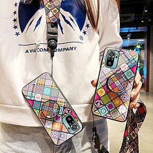 Θήκη Xiaomi Redmi Note 10 / 10S / Poco M5s OEM Colorful Flower Print Glass Hybrid Phone Case Protector with Lanyar 1 - Image 3