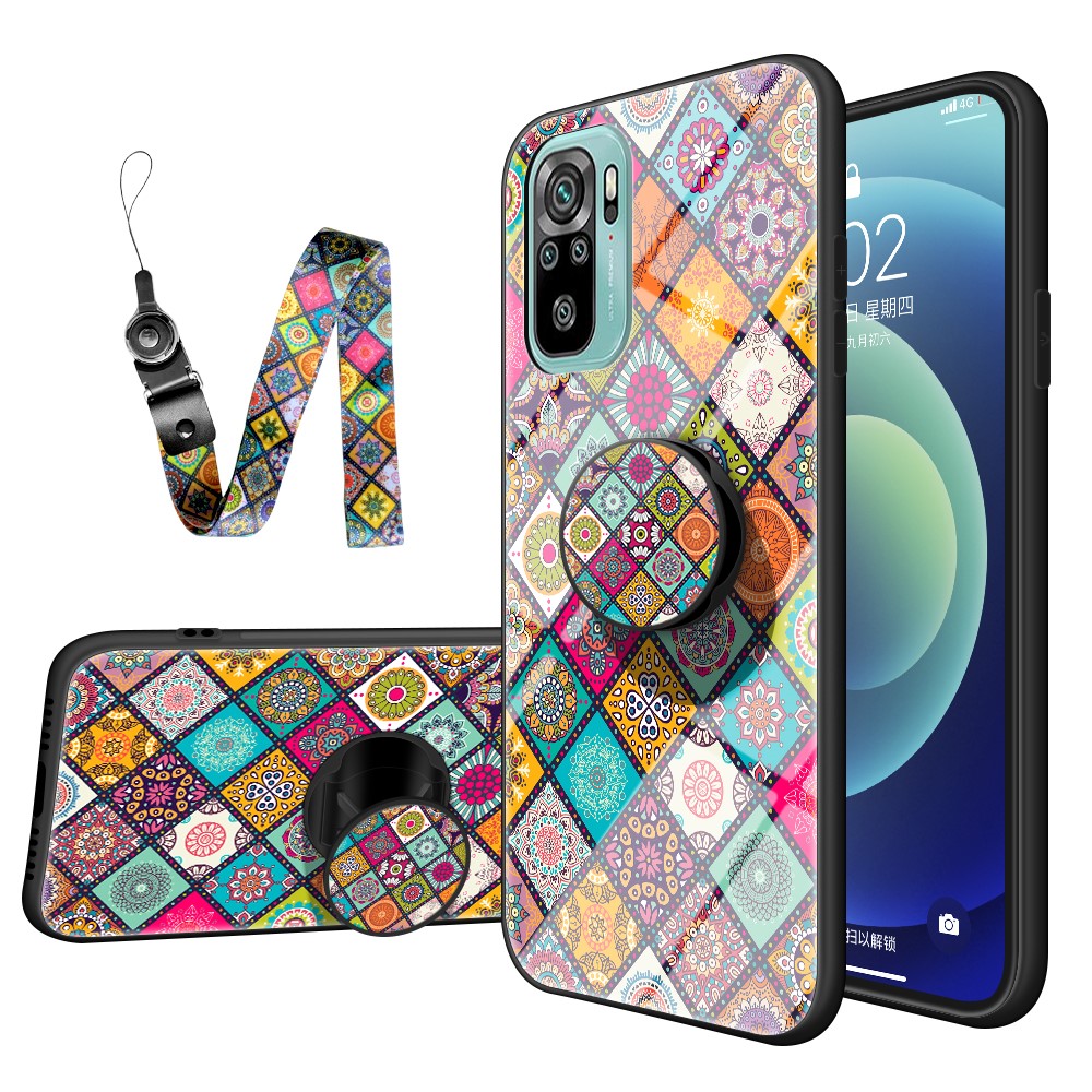 Θήκη Xiaomi Redmi Note 10 OEM Colorful Flower Print Glass Hybrid Phone Case Protector with Lanyar 2 Θήκη Xiaomi Redmi Note 10 OEM Colorful Flower Print Glass Hybrid Phone Case Protector with Lanyar 2