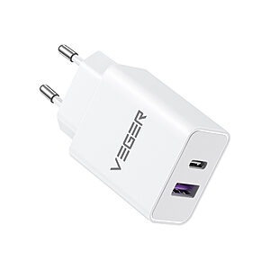 Φορτιστής Τοίχου VEGER Fast Charger VLS302U με 2xθύρες USB Type-C και USB PD 30W υποστηρίζει PD 3.0 QC 3.0 SuperCHARGE PPS λευκό