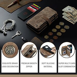 Θήκη iPhone 13 mini CaseMe C30 Series Πορτοφόλι με βάση στήριξης, 10 υποδοχές καρτών με φερμουάρ και μαγνητικό κούμπωμα από συνθετικό δέρμα και TPU καφέ - Image 4