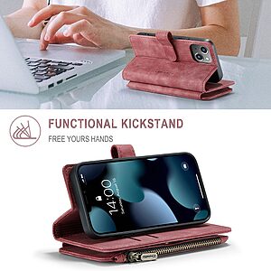 Θήκη iPhone 13 mini CaseMe C30 Series Πορτοφόλι με βάση στήριξης, 10 υποδοχές καρτών με φερμουάρ και μαγνητικό κούμπωμα από συνθετικό δέρμα και TPU κόκκινο - Image 3