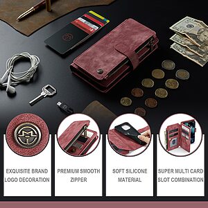 Θήκη iPhone 13 mini CaseMe C30 Series Πορτοφόλι με βάση στήριξης, 10 υποδοχές καρτών με φερμουάρ και μαγνητικό κούμπωμα από συνθετικό δέρμα και TPU κόκκινο - Image 5