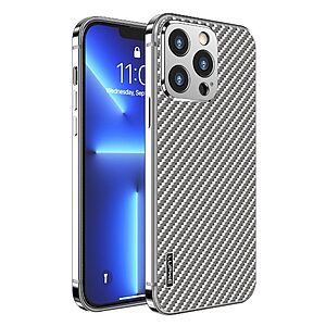 Θήκη iPhone 13 Pro Max LUPHIE μεταλλική με υφή από ανθρακόνημα (Carbon) με Camera Protection Raised lips πλάτη ασημί