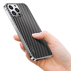 Θήκη iPhone 13 Pro Max LUPHIE μεταλλική με υφή από ανθρακόνημα (Carbon) με Camera Protection Raised lips πλάτη ασημί - Image 4