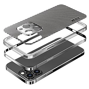 Θήκη iPhone 13 Pro Max LUPHIE μεταλλική με υφή από ανθρακόνημα (Carbon) με Camera Protection Raised lips πλάτη ασημί - Image 5