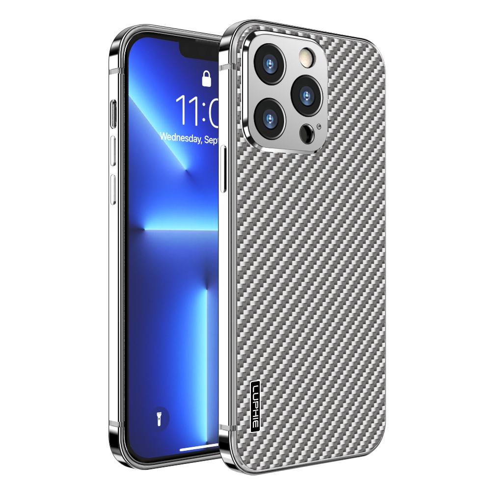 Θήκη iPhone 13 Pro Max LUPHIE μεταλλική με υφή από ανθρακόνημα (Carbon) με Camera Protection Raised lips πλάτη ασημί