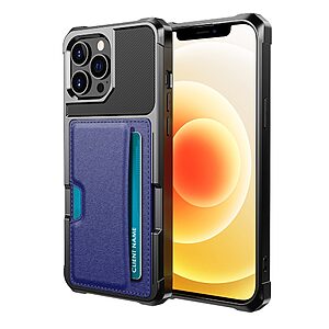 Θήκη iPhone 13 Pro OEM Πλάτη από συνθετικό δέρμα με υποδοχή κάρτας και αντικραδασμικό Carbon Premium TPU μπλε