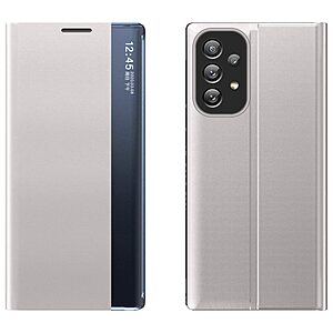 Θήκη Samsung Galaxy A33 5G OEM Half Mirror View Stand Cover με μαγνητικό κούμπωμα από συνθετικό δέρμα ασημί