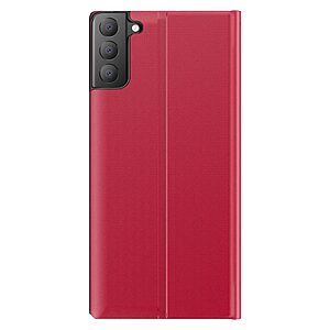 Θήκη Samsung Galaxy S21 FE OEM Half Mirror View Stand Cover με μαγνητικό κούμπωμα από συνθετικό δέρμα κόκκινο - Image 3
