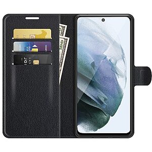 Θήκη Samsung Galaxy S21 FE OEM Litchi Skin Leather με βάση στήριξης, υποδοχές καρτών και μαγνητικό κούμπωμα μαύρο - Image 4