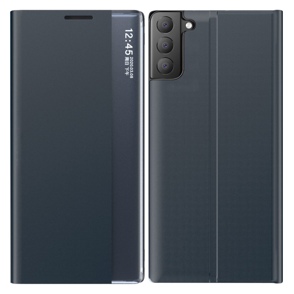 Θήκη Samsung Galaxy S21 FE OEM Half Mirror View Stand Cover με μαγνητικό κούμπωμα από συνθετικό δέρμα μπλε