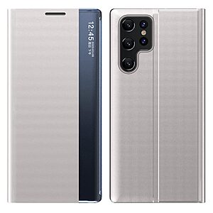 Θήκη Samsung Galaxy S22 Ultra 5G OEM Half Mirror View Stand Cover με μαγνητικό κούμπωμα από συνθετικό δέρμα ασημί
