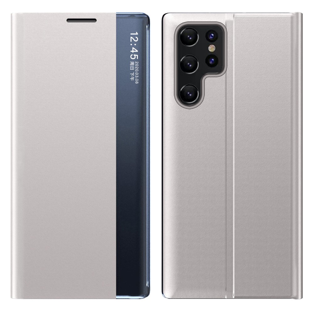 Θήκη Samsung Galaxy S22 Ultra 5G OEM Half Mirror View Stand Cover με μαγνητικό κούμπωμα από συνθετικό δέρμα ασημί