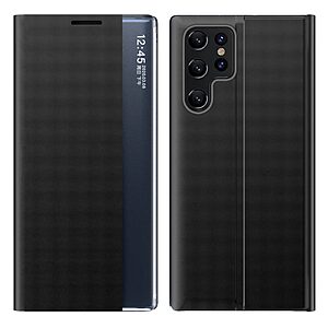 Θήκη Samsung Galaxy S22 Ultra 5G OEM Half Mirror View Stand Cover με μαγνητικό κούμπωμα από συνθετικό δέρμα μαύρο