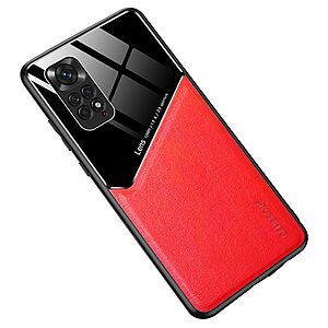 Θήκη Xiaomi Redmi Note 11 / 11S OEM Magnetic Glass Series πλάτη με ενσωματωμένο μαγνήτη και υποστήριξη μαγνητικής βάσης από συνθετικό δέρμα TPU κόκκινο
