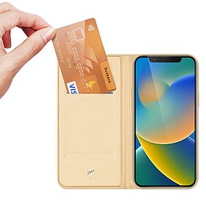 Θήκη iPhone 14 Dux Ducis Skin Pro Series με βάση στήριξης, υποδοχή καρτών και μαγνητικό κούμπωμα Flip Wallet από συνθετικό δέρμα και TPU χρυσό - Image 3