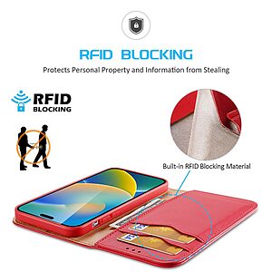 Θήκη iPhone 14 Pro Dux Ducis Hivo Series με RFID Blocking, βάση στήριξης, υποδοχές καρτών με μαγνητικό κλείσιμο Flip Wallet από αυθεντικό δέρμα και TPU κόκκινο - Image 4
