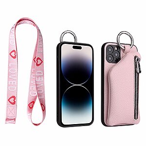 Θήκη iPhone 14 Pro Mad Mask πλάτη δερματίνης με κορδόνι και πορτοφόλι με φερμουαρ από αντικραδασμικό TPU ροζ - Image 4