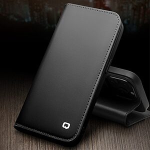 Θήκη iPhone 14 Pro Max QIALINO book από Premium αυθεντικό γυαλιστερό δέρμα Genuine Cowhide μαύρο - Image 3