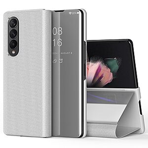 Θήκη Samsung Galaxy Z Fold4 5G OEM Mirror Surface View Stand Case Cover Flip Window ασημί