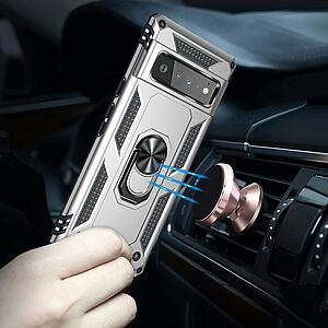 Θήκη Google Pixel 6 Pro 5G OEM Πλάτη Armor V12 με Μαγνητικό δαχτυλίδι και Βάση στήριξης TPU ασημί - Image 4