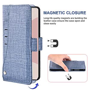 Θήκη Google Pixel 6A 5G Mad Mask Jean Cloth Texture με βάση στήριξης, μπροστινές υποδοχές καρτών και μαγνητικό κούμπωμα μπλε - Image 4