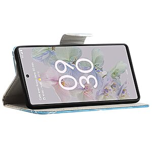 Θήκη Google Pixel 6A 5G OEM Blue Butterfly & Flowers με βάση στήριξης, υποδοχές καρτών και μαγνητικό κούμπωμα Flip Wallet από συνθετικό δέρμα και TPU - Image 4