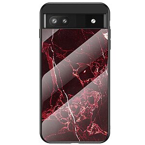 Θήκη Google Pixel 6A 5G OEM σχέδιο Marble με Πλάτη Tempered Glass TPU κόκκινο