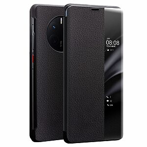 Θήκη Huawei Mate 50 Pro QIALINO Flip Window από Premium αυθεντικό δέρμα Genuine Cowhide μαύρο