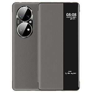 Θήκη Huawei P50 Pro OEM Half Mirror View Stand Cover v5 με μαγνητικό κούμπωμα από συνθετικό δέρμα γκρι
