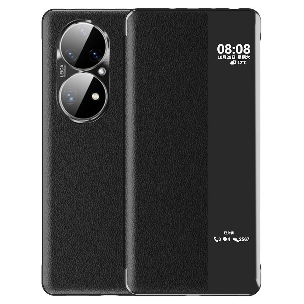 Θήκη Huawei P50 Pro OEM Half Mirror View Stand Cover v5 με μαγνητικό κούμπωμα από συνθετικό δέρμα μαύρο