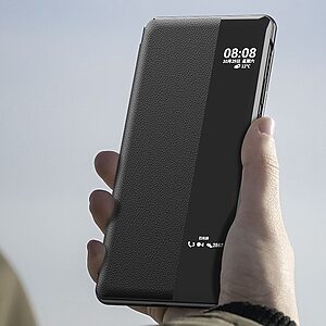 Θήκη Huawei P50 Pro OEM Half Mirror View Stand Cover v5 με μαγνητικό κούμπωμα από συνθετικό δέρμα χρυσό - Image 3