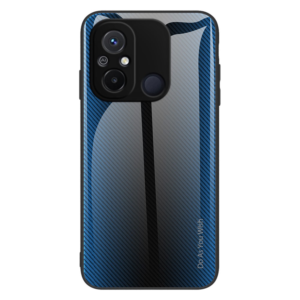 Θήκη Xiaomi Redmi 12C OEM σχέδιο carbon με πλάτη από Tempered Glass και εσωτερικό TPU γαλάζιο