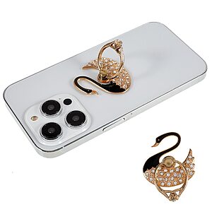 Δαχτυλίδι Κινητού με Λαμπερές Κρυστάλλινες Πέτρες και Σχέδιο Κύκνος - Μαύρο