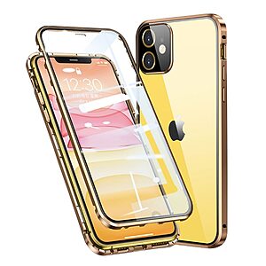 Θήκη iPhone 11 Mad Mask μεταλλική με εσωτερικό μαγνήτη V2 και ανθεκτικό Tempered Glass 360° διπλής όψης με Camera Protection Lips χρυσό