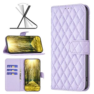 Θήκη Xiaomi Poco F5 5G BINFEN COLOR Rhombus Pattern Series με βάση στήριξης, υποδοχές καρτών και μαγνητικό κούμπωμα μωβ - Image 4